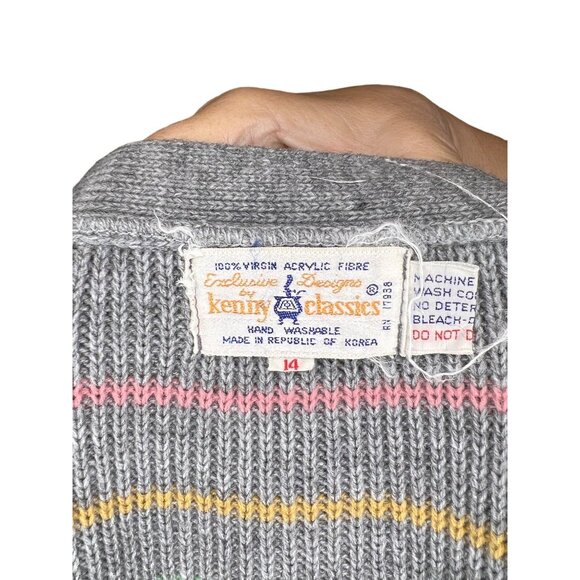 Kenny Classics VTG Women Cardigan Size 14 Long Sleeve Button Grey stripes pocket - Picture 8 of 8